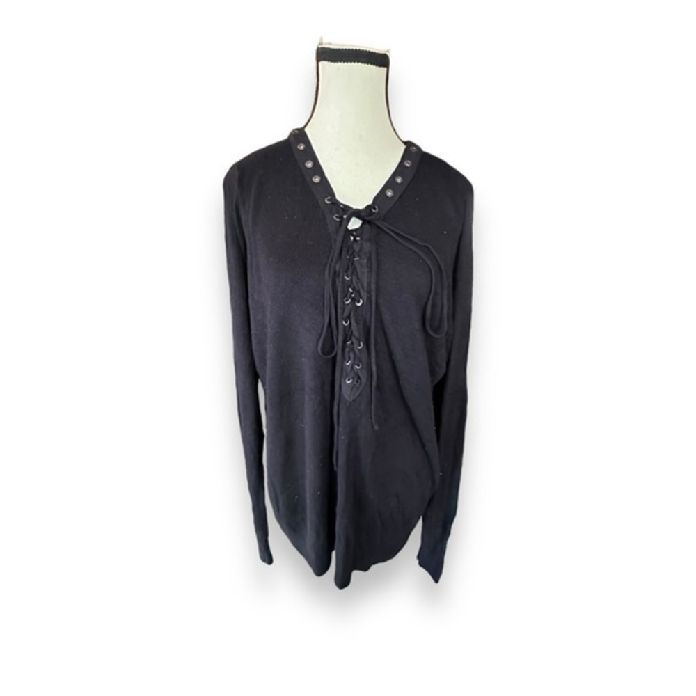 Women’s 2X Forever 21 Black Lace Up V Neck Sweater 18 20 XXL 2XL